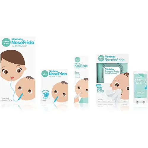 Frida Baby Cold and Flu Relief Set, Congestion Relief Kit, Includes the NoseFrida Nasal Aspirator, Hygiene Filter, Saline Nasal Spray, Baby Vapor Rub & Vapor Nose & Chest Wipes