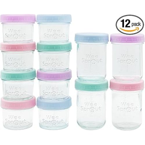 WeeSprout Baby Food Storage Glass Jars w/Lids (4/8 oz, 12 Pack) Pastel Variety, Snack, Reusable Small Containers, Fridge or Freezer, Microwave & Dishwasher Safe, Essentials for Infants