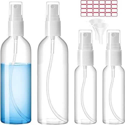 Spray Bottles, 2oz/50ml, 3.4oz/100ml Clear Empty Fine Mist Plastic Mini Travel Bottle Set, Small Refillable Liquid Containers with 2pcs Funnels and 24pcs Labels (4 Pack)