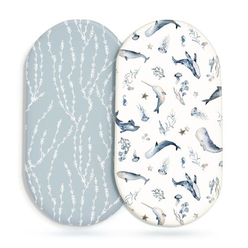 GRSSDER Stretchy Ultra Soft Fitted Bassinet Sheet Set 2 Pack, Universal Fit for Bassinets Baby Cradle Moses Basket Oval Rectangle Mattress Safe and Snug, Sea Fish Print