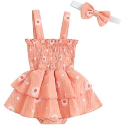 Karwuiio Infant Baby Girls Bodysuit Rompers Dress Newborn Short Sleeve Daisy Romper with Headband Summer Clothes Set