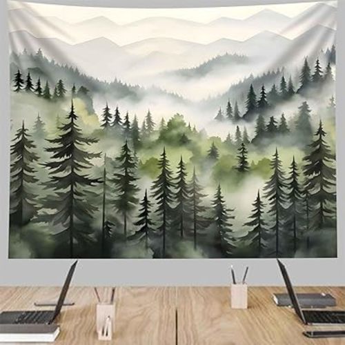 TUGCAY Misty Mountain Forest Tapestry, Green Nature Tapestry Foggy Watercolor Tree Landscape Scenery Tapestries Wall Hanging for Bedroom Living Room Backdrop 70 x 90 Inch