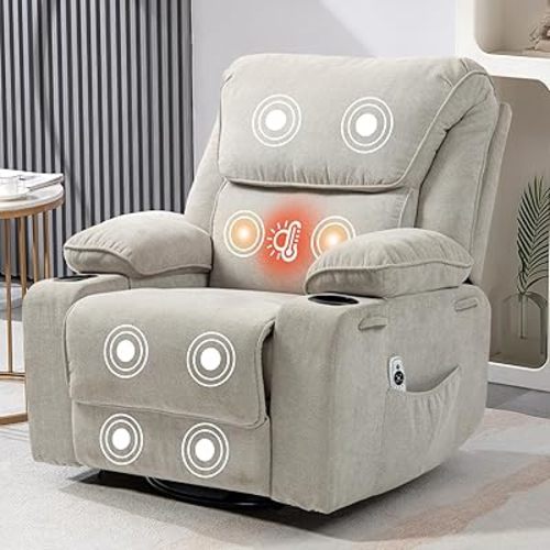Rocker Recliner Chair with Massage and Heated, 360°Swivel Rocking Chairs with Cup Holders Remote Control for Living Room (Gray Oatmeal)