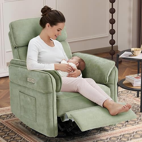 MELLCOM Power Recliner Rocking Chair Nursery Gliders with Adjustable Armrests and Headrest, Swivel Electric Glider Reclining Nursing Chair with USB Port and Storage Bags, FSC Certified(Fabric, Green)