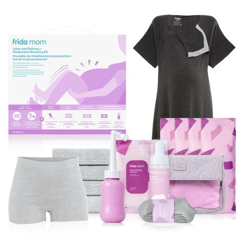 Frida Mom 15pc Labor, Delivery, & Postpartum Kit Gift Set for Baby Showers & Mom to Be, Includes Peri Bottle, Nursing Gown, Disposable Underwear, Ice Maxi Pads, Pad Liners, Perineal Foam, Socks & Toiletry Bag