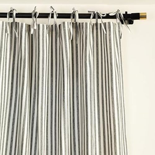 THE ART BOX Gauze Striped Curtains,Boho Linen Tie Top Hanging Curtains Light Filtering Door Window Treatment 2 Panel Curtain Drapes for Living Room Bedroom Green on White (96''x42'' Each Panel)