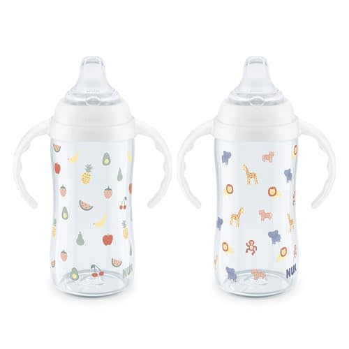 NUK Learner Cup, 8+ Months, Fun Fruits and Animals, Amazon Exclusive Collection, 10 Oz, Pack of 2, BPA-Free, Soft Spout, Spill Proof Sippy Cup