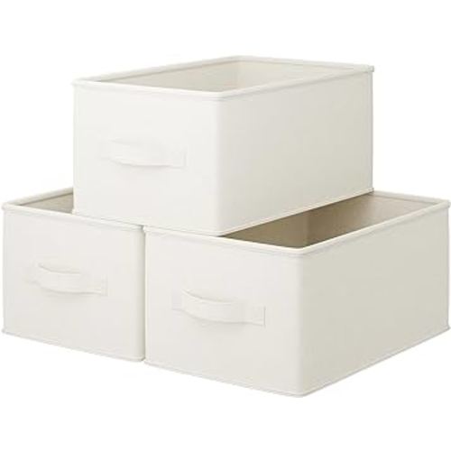 LayerSpace 3 Pack Large Fabric Storage Bins for Shelves | 14.5x10x9in Closet Storage Bins | Collapsible Storage Bins for Organization | Linen Clothes Storage Bins | White & Ivory