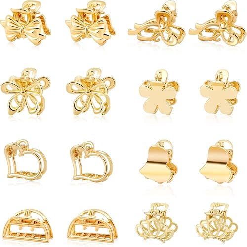 CWJCYTNSN 16PCS Small Metal Hair Claw Clips, Gold Mini Hair Clips for Thin Thick Hair, Cute Tiny Hair Clips, Little Flower Hair Jaw Clamps, Nonslip Bangs Pins Hair Accessories for Women Girls