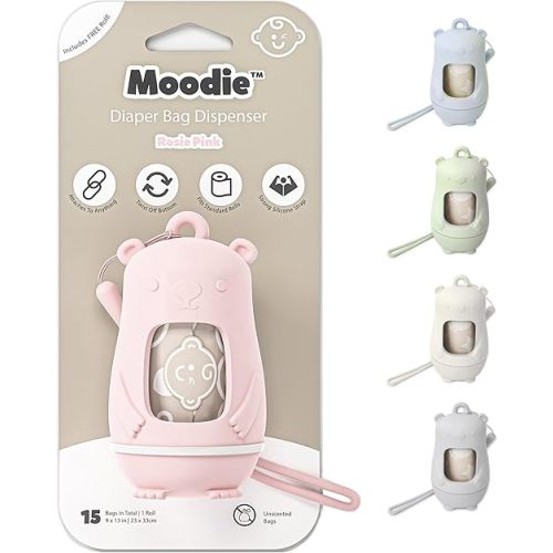 Teddy Bear Diaper Bag Dispenser | Diaper Trash Bags on the Go Dispenser w/Silicon Strap | 15 UNSCENTED Baby Poop Bags per Roll | Dirty Diaper Bags Disposable | Diaper Waste Bags (ROSIE PINK)