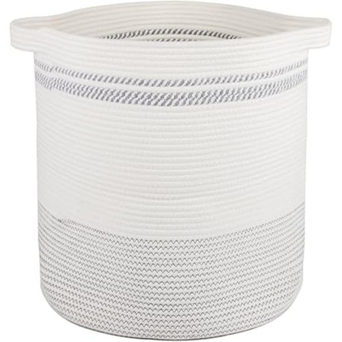 Cotton Rope Laundry Basket Hamper Woven Storage Basket for Living Room Girls Room Boho Tall Rope Baskets for Blanket Toys Large, Light Grey