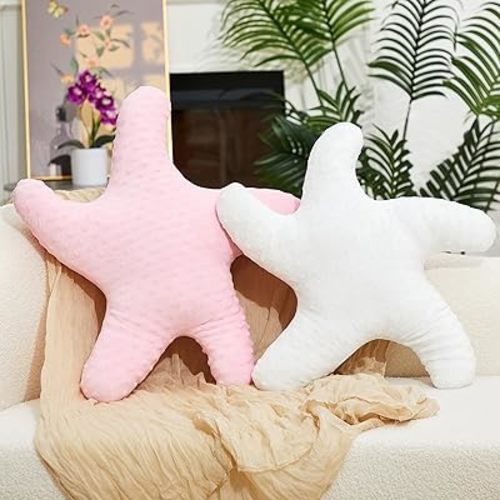 2 Pcs Starfish Pillow Cute Beach Pillow 20'' Star Fish Shaped Throw Pillows Plush Beach Room Decor Decorative Ocean Star Stuffed Toy Animal Plush Cushion for Bedroom Living Room (White,Pink)