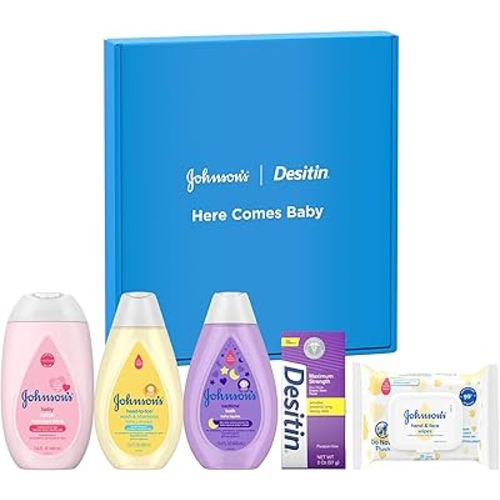 Johnson's Baby Here Comes Baby Gift Set, Baby Essentials for New Parents with Moisturizing Lotion, Bedtime Bath, Body Wash & Shampoo, Hand & Face Wipes, & Diaper Rash Cream, 5 Items
