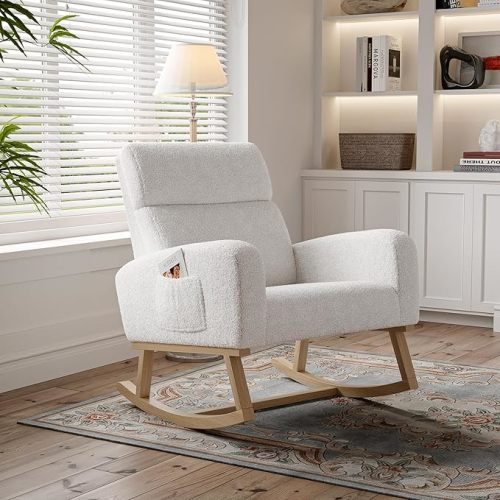 JDEFARF Mecedora tapizada con respaldo alto, sillón reclinable con patas de madera y bolsillo lateral, silla de lactancia reclinable, color blanco (blanco, 96 x 70 x 75 cm) : Amazon.es: Hogar y cocina