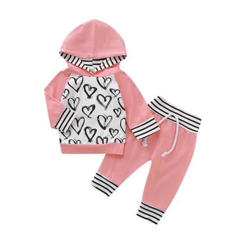 NZRVAWS Newborn Baby Girls Outfits Long Sleeve Heart Print Splice Hoodie Top +Elastic Pants 2Pcs Clothes Set 0-3 Months,Pink