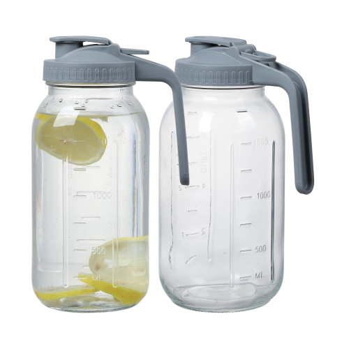 Novelinks Glass Pitcher with Gray Lid,64 Oz Wide Mouth Mason Jar Pitcher with Pour Spout Handle for Lemonade, Cold Brew Coffee, Ice Beverage, Iced Juice,Sun Tea, Fruit Drinks ,2 Pack