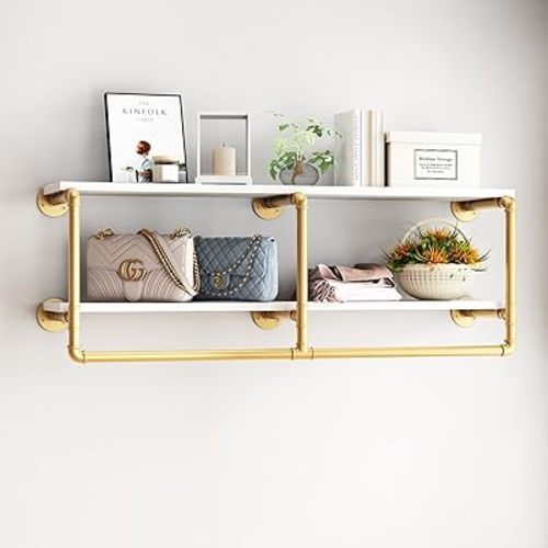 HOMEKAYT Industrial Pipe Shelving Wall Mounted Rustic Wood Shelf Industrial Floating Shelves (Gold 2-Tier, 48'')
