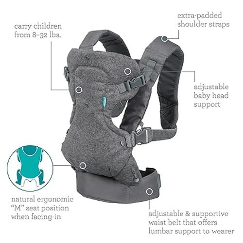 Infantino Flip Advanced 4-in-1 Baby Carrier - Ergonomic, Convertible, Face-in and Face-Out Front and Back Baby Carrier for Newborn to Toddler 8-32 lbs, Gray