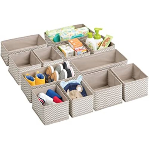 mDesign Fabric Drawer Divider Organizer Bin, Nursery/Bedroom Dresser, Closet, Shelf, Playroom Organization, Hold Clothes, Toys, Diapers, Bibs, Spira Collection, Set of 3, 4 Pack, Taupe/Natural Chevron