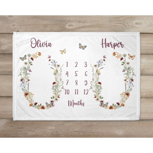 Twin Milestone Blanket for Girls Boho Floral Butterflies, Personalized Baby Blanket, Monthly Growth Tracker, Wildflowers, Baby Shower Gift,