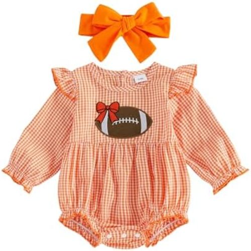 Newborn Baby Girl Football Outfit Smocked Bubble Romper Ruffle Long Sleeve Rugby Plaid Bodysuit Infant Fall Clothes