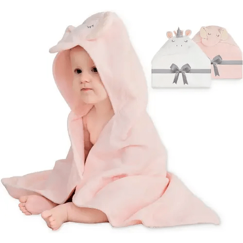 Viviland 2 Pack Hooded Baby Towels, Soft 100% Cotton Baby Bath Towels with Hood, Extra Thick and Absorbent, Essential for Newborns, Kids, Infants - Girls and Boys (Unicorn & Pink Elephant)