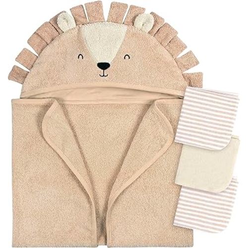 Gerber Baby 4 Piece Animal Character Hooded Towel and Washcloth Set, Brown Lion, One Size