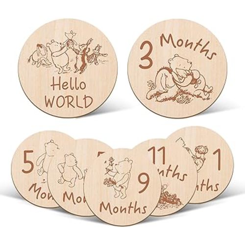 7 Pcs Winnie Baby Monthly Milestone Markers, Winnie Double Sided Winnie Baby Months Wooden Signs with Storage Bag, Winnie Baby Shower Gifts, Winnie Baby Monthly Announcement Wooden Discs, Winnie Gifts