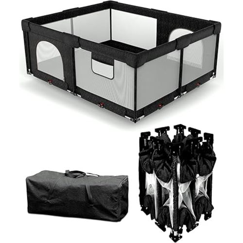 Dearlomum Foldable Baby Playpen with Non Removable Mat, Extra Large Collapsible Play Yard for Babies & Toddlers, Portable Travel Playpen, Baby Activity Center for Indoor & Outdoor Use (Black 59"×71")