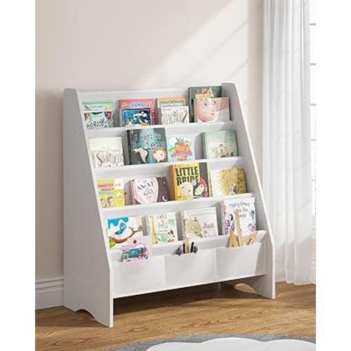 SEIRIONE Sturdy Kids Bookshelf, Book Shelf for Kids Room with Tear-Proof Oxford Sling, Eco-Safe Toddler Bookshelf, Childrens Bookshelf with Ideal Height for Quick Book Access, White/Wood Texture
