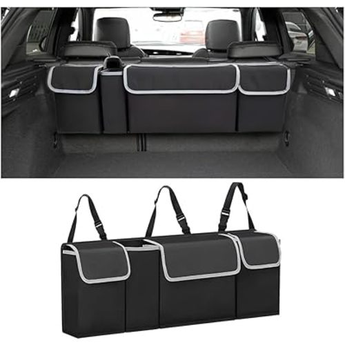 AUCELI Car Trunk Organizer, Backseat Hanging Large Storage with Adjustable Straps, Waterproof Collapsible Cargo Bag with 4 Pockets, Sturdy Space Saver Frees Trunk Floor for SUV, Truck, MPV