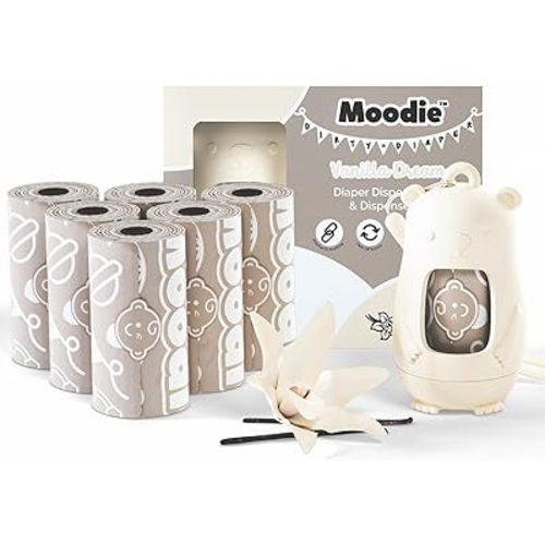 NEW Moodie Disposable Diaper Bags Dispenser COMBO PACK | 105 VANILLA SCENTED Baby Poop Bags TOTAL | Dirty Diaper Trash Bags | Diaper Bags Disposable (VANILLA DREAM)