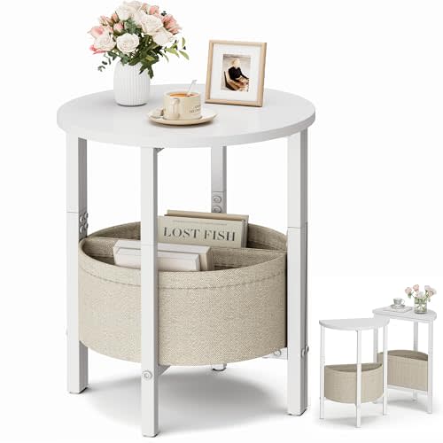 Vagusicc Side Table, Small Round End Table, Tall Accent Table with Storage Basket, Set of 2 Half Round Coffee Tables Half Moon Tables, Bedside Table, Modern Nightstand for Living Room Bedroom, White