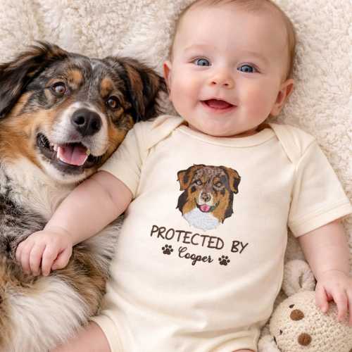 Custom Baby Onesie with Pet Portrait - Embroidered Protected By Dog Bodysuit - Personalized Baby Onesie Dog - Gifts for Newborns