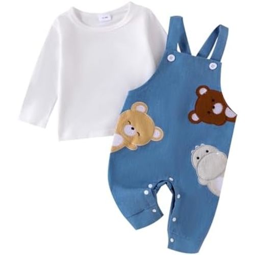 Newborn Baby Boy Girl Fall Outfits Long Sleeve Stripped Tops Waffle Suspender Bear Jumpsuit Baby Winter Clothes Set