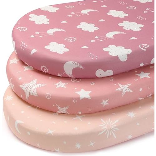 Baby Bassinet Sheets, 3 Pack Fitted Bassinet Mattress Sheets, Compatible with Halo Bassinest Swivel Sleeper & Oval Hourglass Rectangle Mattress, Ultra Soft Pink Stars