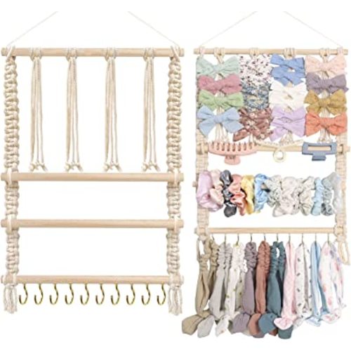 POVETIRE Baby Headband Holder, Hair Bows and Accessories Storage Organizer, Wall Hanging Decor for Nursery Toddler Girls Room (Beige-4)