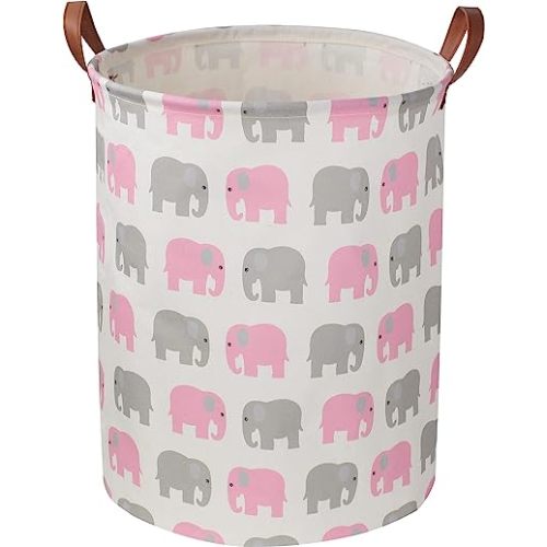 Baby Girl Laundry Basket,Waterproof Kids Hamper for Toys,Clothes Hampers for Nursery,Gift Basket,Room Decor,Collapsible Storage Basket (Pink Elephant)