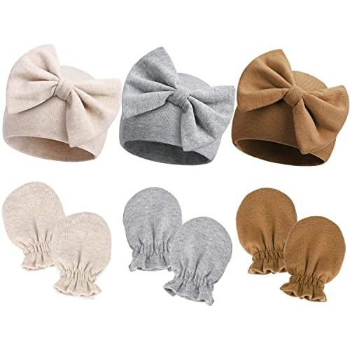 Newborn Hospital Hats Gloves Baby Infant Bow Beanie Cotton Caps No Scratch Hat Mittens Set for 0-6 Months