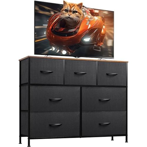 WLIVE 7 Drawer Dresser TV Stand, Entertainment Center, Media Console Table with Metal Frame and Wood Top for TV up to 45 inch, Chest of Drawers for Bedroom, Living Room, Black and Rustic Brown