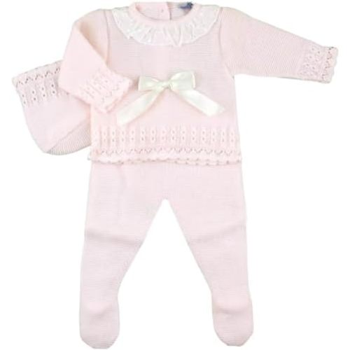 3-Piece Baby Girl Knitted Lace Romper and Hat Set, Pink and White