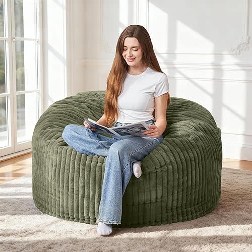 HABUTWAY 3FT Bean Bag Chair, 3' Large Bean Bag Chairs for Adults with Stripe Plush Cover, Memory Foam Beanbag Chair for Living Room Bedroom Dorm，Green