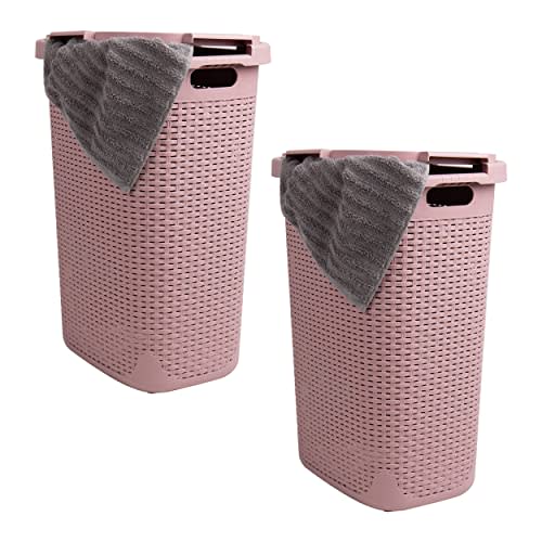 Mind Reader Slim Laundry Hamper with Lid, 60L Clothes Baskets, Premium Wicker Design, Plastic, 2-Pack, Pink