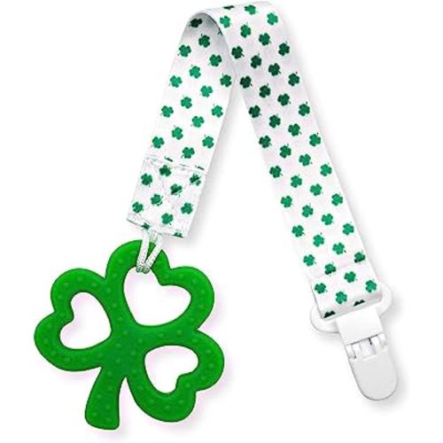Clover Child Irish Baby Teething Toy - Shamrock Clover Teether & Pacifier Clip- Multi Textured, Soft, BPA Free Silicone