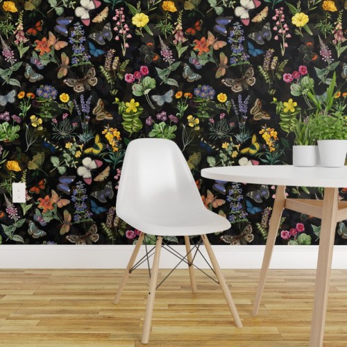 Peel & Stick Wallpaper 2FT Wide Butterfly House Moody Floral Moths On Black Spring Flower English Cottage Shabby Chic Flowers Core Custom Removable Wallpaper by Spoonflower