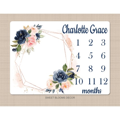 Milestone Blanket Personalized Girl Floral Coral Blush Pink Navy Blue Newborn Baby Girl Watercolor Flowers Baby Shower Gift Monthly B1086