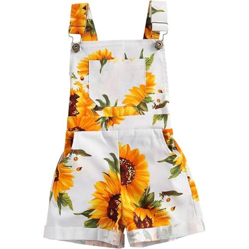 Toddler Baby Girl Sunflower Print Overalls Shorts with Pocket Suspender Trousers Cute Summer Clothing Outfit