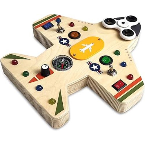 Montessori Wooden Plane Busy Board | Portal & Durable Learning Toys for Toddlers | Built-in Fidget Spinner Compass & Light Switches | Educational Learning for Toddlers
