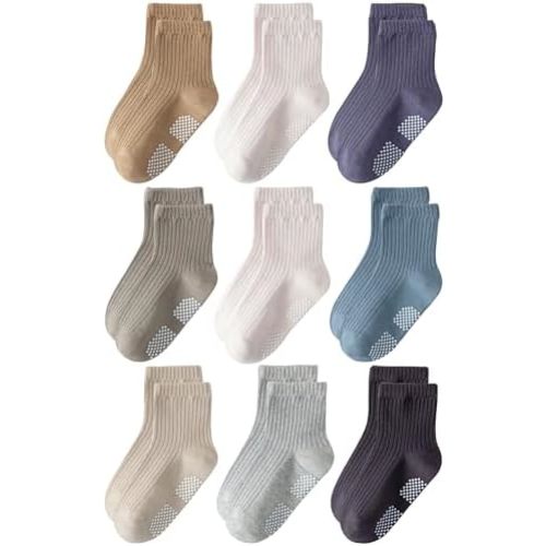 Toddler Grip Socks Non Slip Crew Cute Seamless Cotton Socks for Baby Boys Girls Infants Kids 9 Pairs