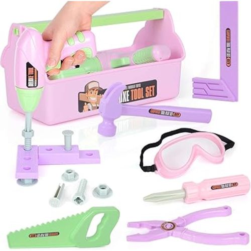 Pink Kids Tool Set (18 PCS) Pretend Play Construction Kit with Tool Box & Manual Drill